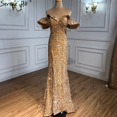 Gold Luxury Sexy Split Evening Dresses Gowns 2025 Beading Mermaid Elegant For Women Party LA70870