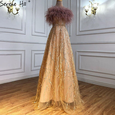 Gold Luxury Strapless Evening Dresses Gowns 2025 Beading Feathers Sexy A-Line For Women Party LA71071