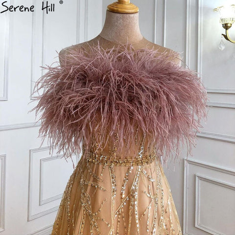 Gold Luxury Strapless Evening Dresses Gowns 2025 Beading Feathers Sexy A-Line For Women Party LA71071