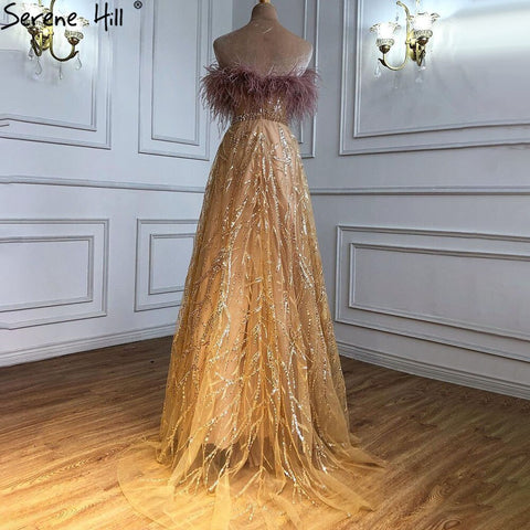 Gold Luxury Strapless Evening Dresses Gowns 2025 Beading Feathers Sexy A-Line For Women Party LA71071
