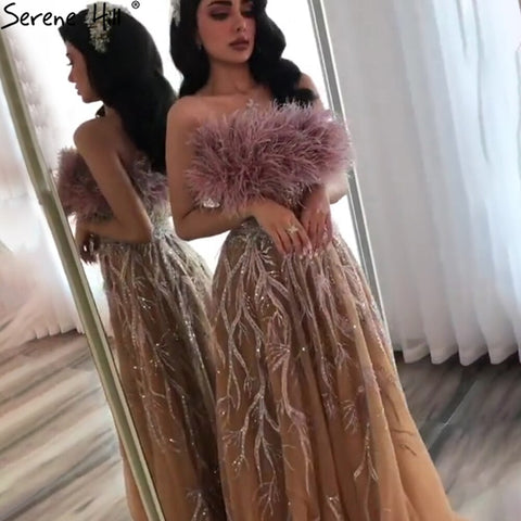 Gold Luxury Strapless Evening Dresses Gowns 2025 Beading Feathers Sexy A-Line For Women Party LA71071