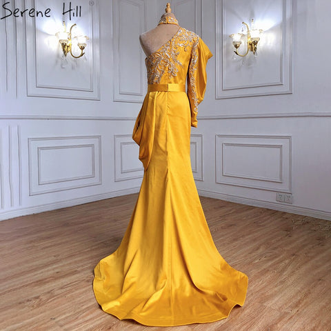 Gold Mermaid Beaded Evening Dresses Gowns 2025 One Shoulder Elegant Satin For Women Party LA71424