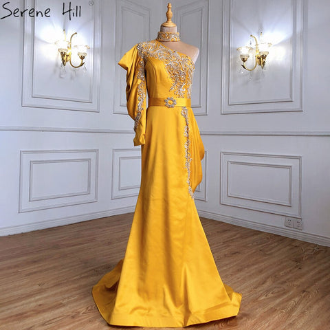 Gold Mermaid Beaded Evening Dresses Gowns 2025 One Shoulder Elegant Satin For Women Party LA71424