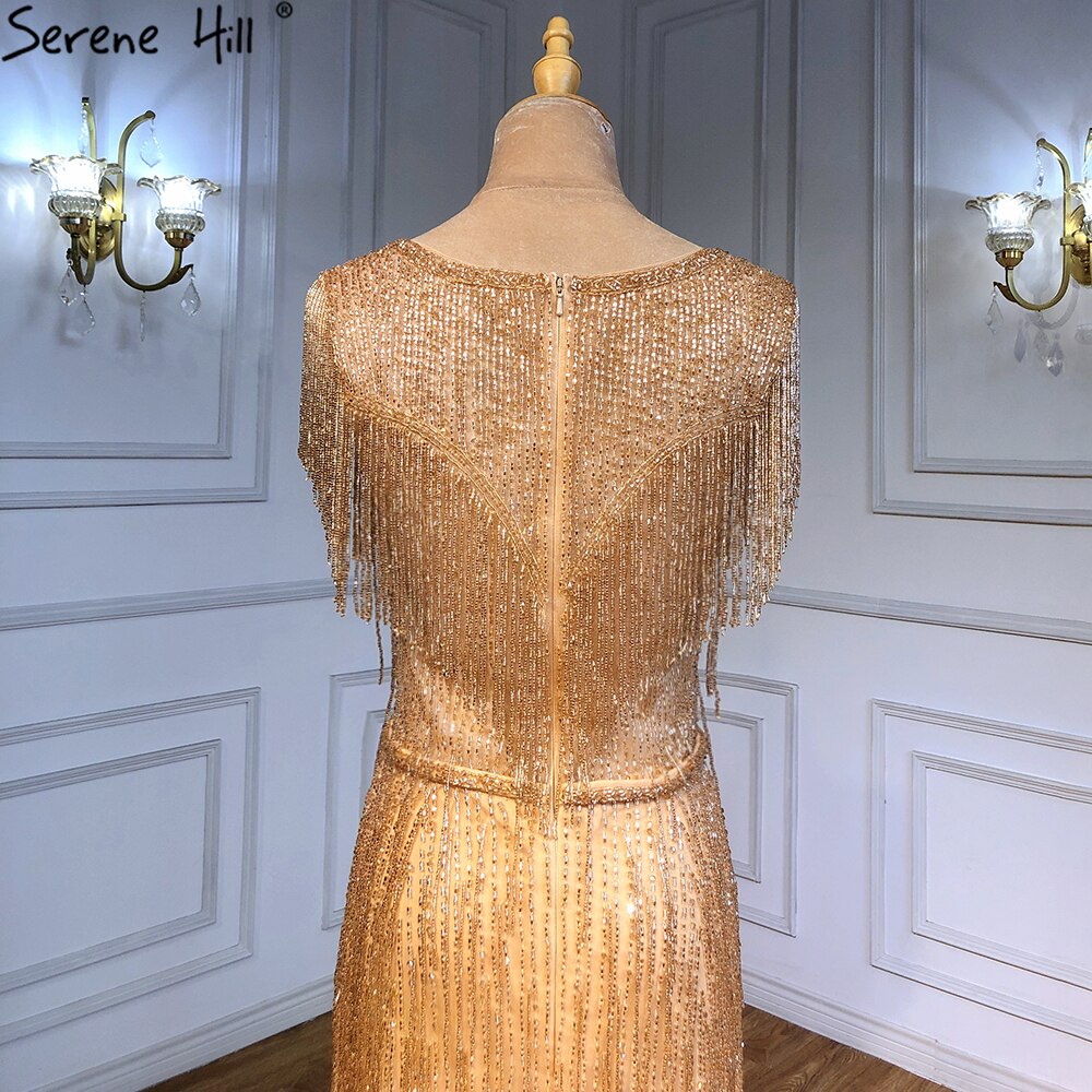 Gold Mermaid Elegant Evening Dresses Gowns 2025 Beaded Tassel Luxury For Women Party LA71435