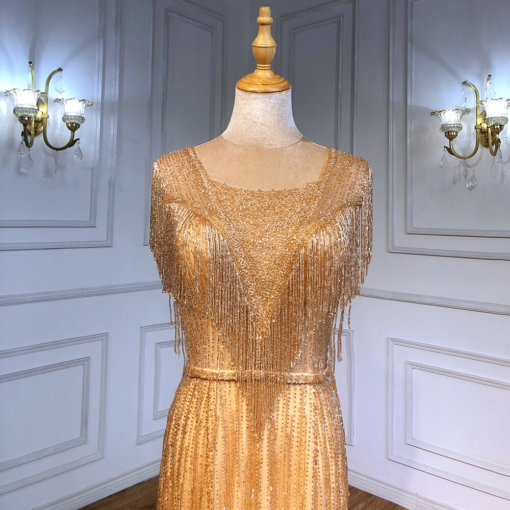 Gold Mermaid Elegant Evening Dresses Gowns 2025 Beaded Tassel Luxury For Women Party LA71435