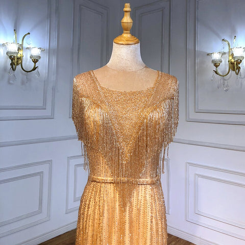 Gold Mermaid Elegant Evening Dresses Gowns 2025 Beaded Tassel Luxury For Women Party LA71435