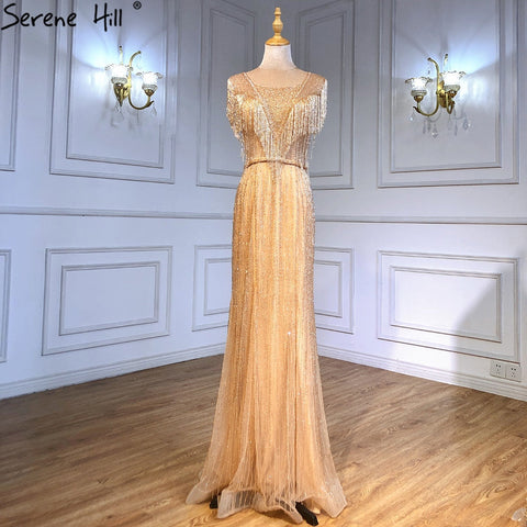 Gold Mermaid Elegant Evening Dresses Gowns 2025 Beaded Tassel Luxury For Women Party LA71435