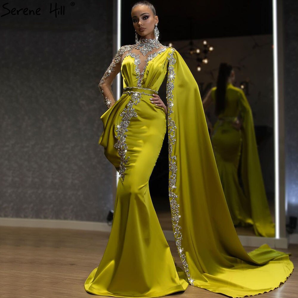 Gold Mermaid Elegant Evening Dresses Gowns 2025 Satin Luxury Beading One Shoulder For Women Party LA70869