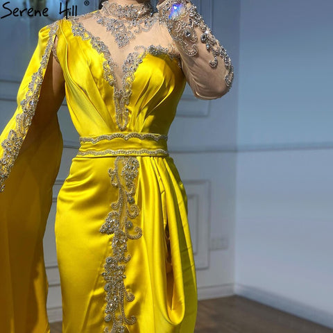 Gold Mermaid Elegant Evening Dresses Gowns 2025 Satin Luxury Beading One Shoulder For Women Party LA70869