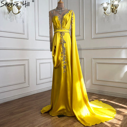 Gold Mermaid Elegant Evening Dresses Gowns 2025 Satin Luxury Beading One Shoulder For Women Party LA70869