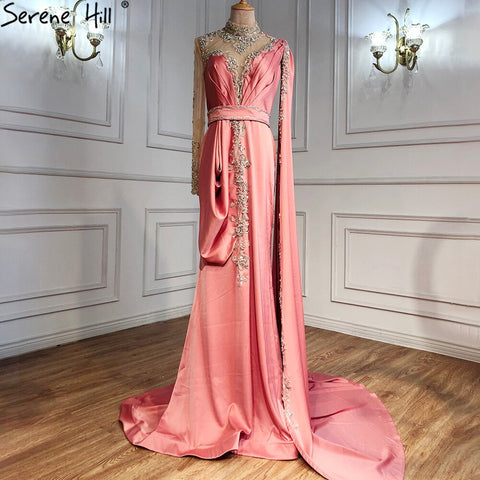 Gold Mermaid Elegant Evening Dresses Gowns 2025 Satin Luxury Beading One Shoulder For Women Party LA70869