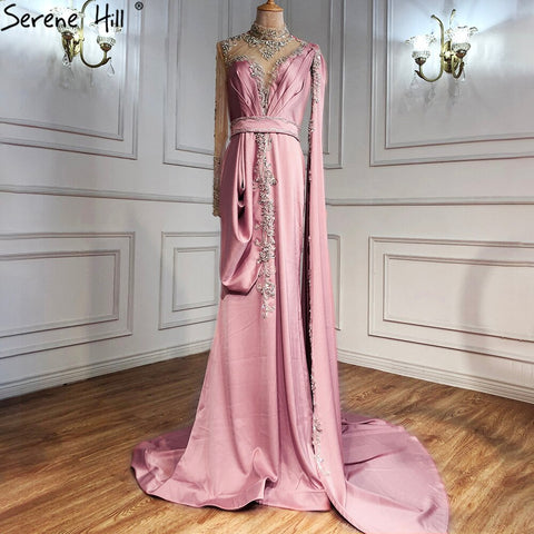 Gold Mermaid Elegant Evening Dresses Gowns 2025 Satin Luxury Beading One Shoulder For Women Party LA70869