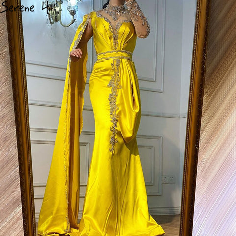 Gold Mermaid Elegant Evening Dresses Gowns 2025 Satin Luxury Beading One Shoulder For Women Party LA70869