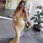 Gold Mermaid Elegant Evening Dresses Gowns 2025 Spaghetti Strap Sparkle For Women Party LA71419