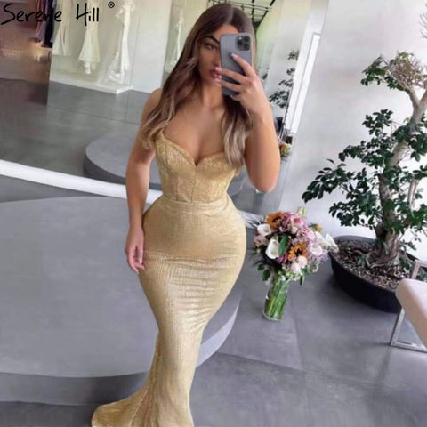 Gold Mermaid Elegant Evening Dresses Gowns 2025 Spaghetti Strap Sparkle For Women Party LA71419
