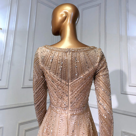 Robe de soirée sirène dorée élégante à manches longues et col rond, en solde, sans retour ni remboursement, 2025, avec perles, pour femme, LA71635 