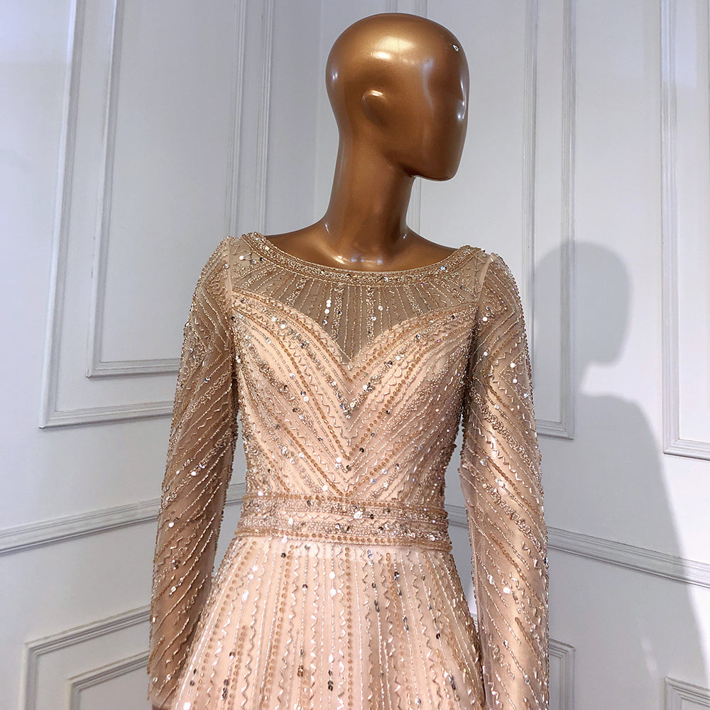 On Sale no return no refund Gold Mermaid Elegant Long Sleeves O-Neck Evening Dresses Gowns 2025 Beaded For Woman Party LA71635