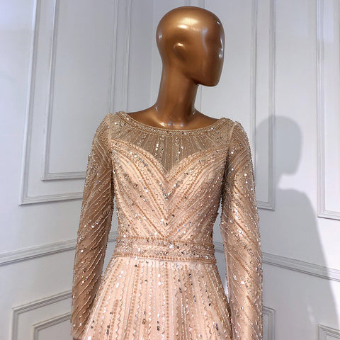 Robe de soirée sirène dorée élégante à manches longues et col rond, en solde, sans retour ni remboursement, 2025, avec perles, pour femme, LA71635 