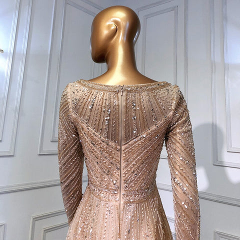 Robe de soirée élégante à manches longues et col rond, style sirène doré, en solde, sans retour ni remboursement, luxueuse, perlée, modèle 2025, pour femme, modèle LA71635 