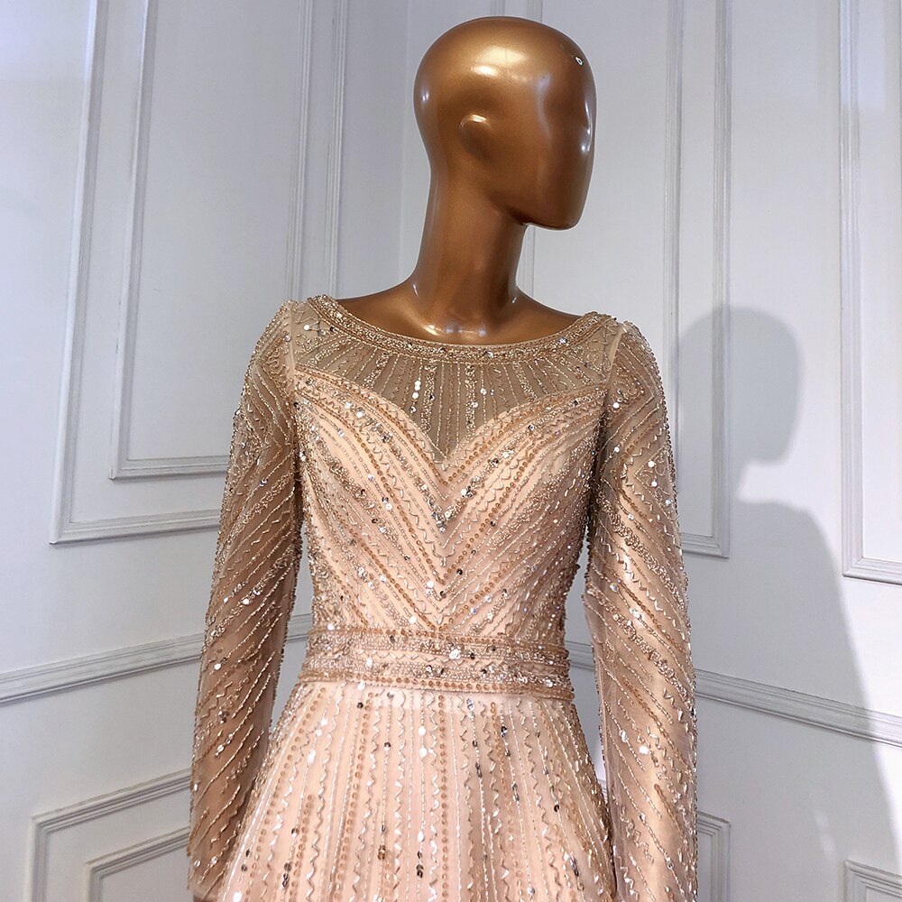 On Sale no return no refund Gold Mermaid Elegant Long Sleeves O-Neck Evening Dresses Gowns Luxury Beaded 2025 For Woman Party LA71635