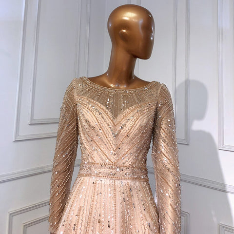 Robe de soirée élégante à manches longues et col rond, style sirène doré, en solde, sans retour ni remboursement, luxueuse, perlée, modèle 2025, pour femme, modèle LA71635 