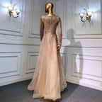 On Sale no return no refund Gold Mermaid Elegant Long Sleeves O-Neck Evening Dresses Gowns Luxury Beaded 2025 For Woman Party LA71635