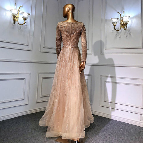 Robe de soirée élégante à manches longues et col rond, style sirène doré, en solde, sans retour ni remboursement, luxueuse, perlée, modèle 2025, pour femme, modèle LA71635 