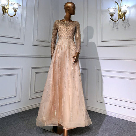 Robe de soirée élégante à manches longues et col rond, style sirène doré, en solde, sans retour ni remboursement, luxueuse, perlée, modèle 2025, pour femme, modèle LA71635 