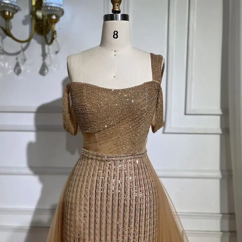 Gold Mermaid Elegant One Shoulder Overskirt Beaded Luxury Evening Dresses Gowns 2025 For Women Wedding Party LA72453
