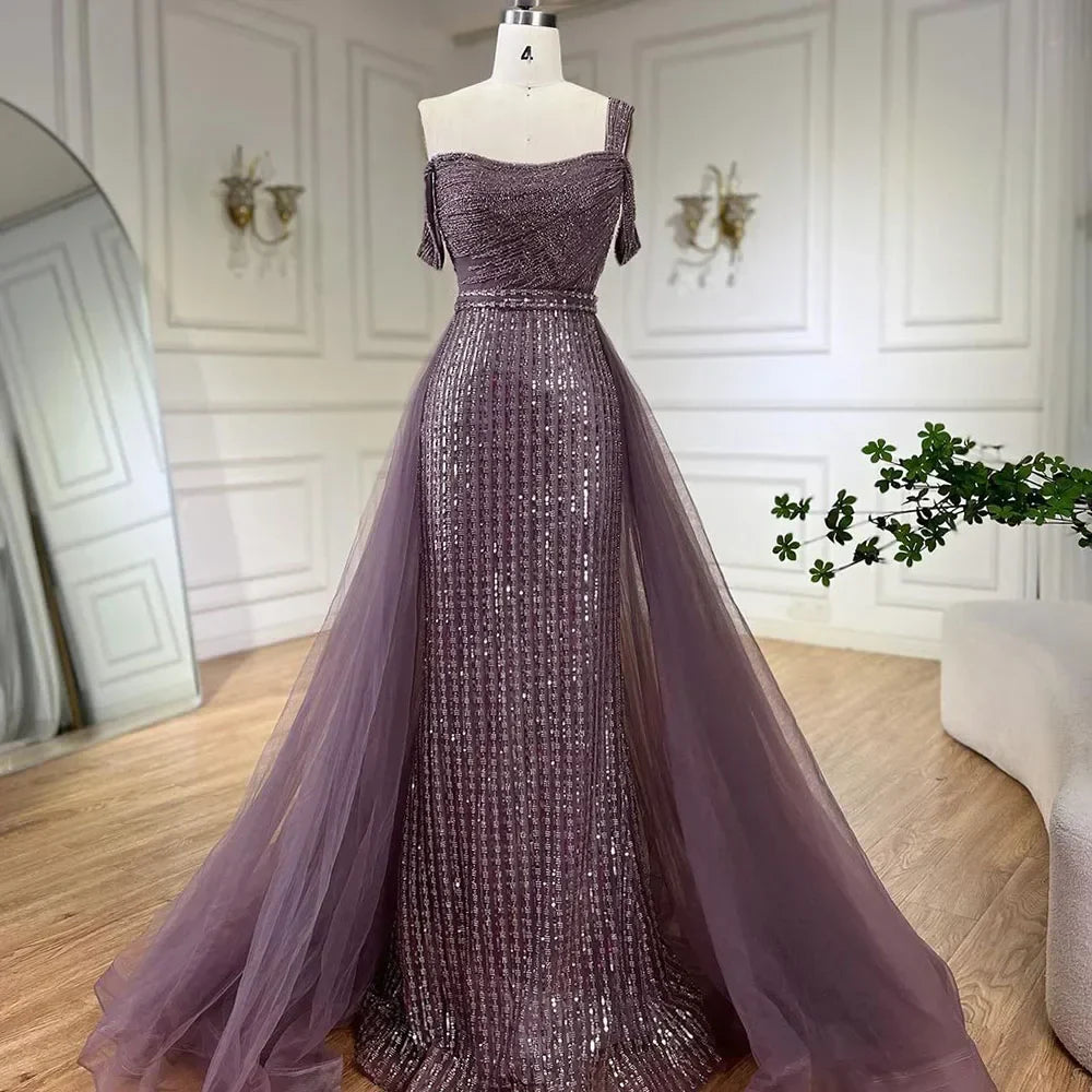 Gold Mermaid Elegant One Shoulder Overskirt Beaded Luxury Evening Dresses Gowns 2025 For Women Wedding Party LA72453
