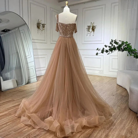 Gold Mermaid Elegant One Shoulder Overskirt Beaded Luxury Evening Dresses Gowns 2025 For Women Wedding Party LA72453