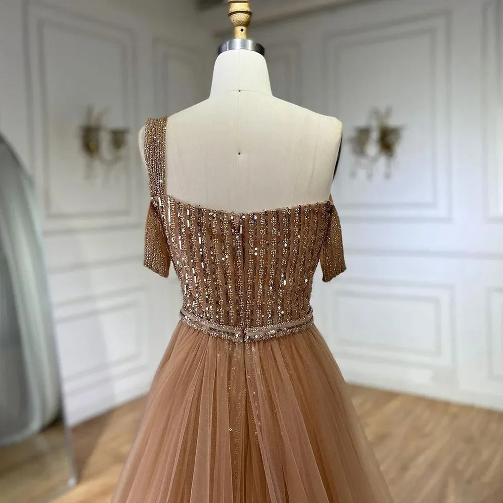 Gold Mermaid Elegant One Shoulder Overskirt Beaded Luxury Evening Dresses Gowns 2025 For Women Wedding Party LA72453