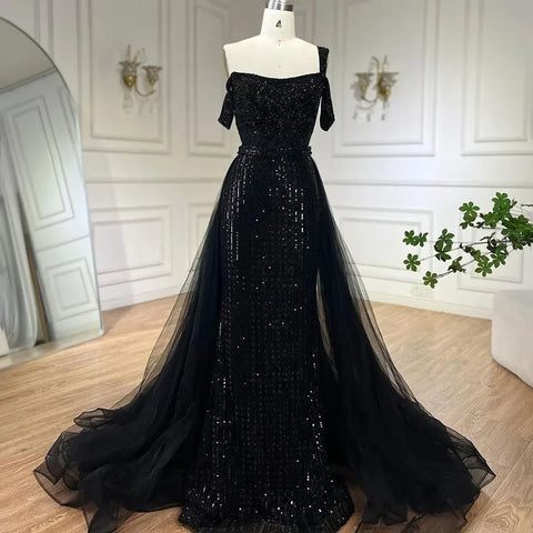 Gold Mermaid Elegant One Shoulder Overskirt Beaded Luxury Evening Dresses Gowns 2025 For Women Wedding Party LA72453