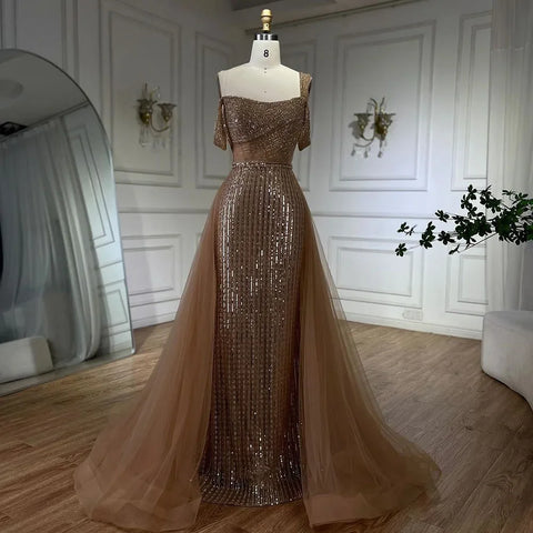 Gold Mermaid Elegant One Shoulder Overskirt Beaded Luxury Evening Dresses Gowns 2025 For Women Wedding Party LA72453