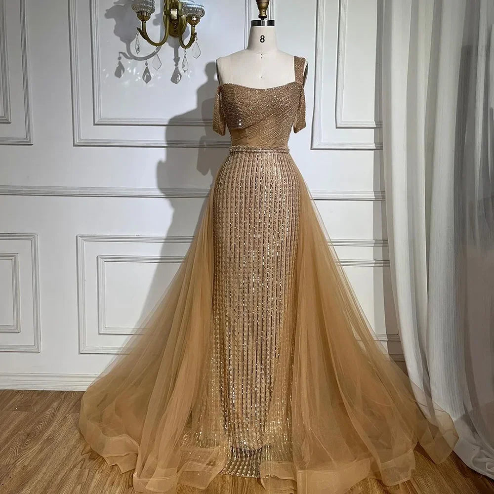 Gold Mermaid Elegant One Shoulder Overskirt Beaded Luxury Evening Dresses Gowns 2025 For Women Wedding Party LA72453