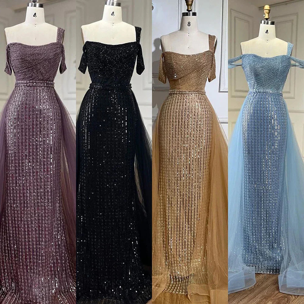 Gold Mermaid Elegant One Shoulder Overskirt Beaded Luxury Evening Dresses Gowns 2025 For Women Wedding Party LA72453