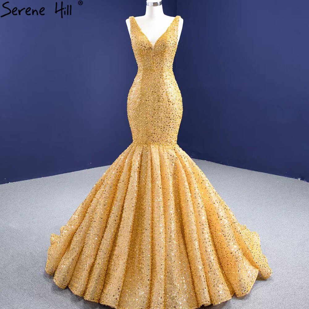 Gold Mermaid Lace Up Evening Dresses Gowns 2025 Beaded Elegant Luxury For Women Party HM67290
