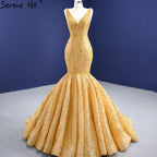 Gold Mermaid Lace Up Evening Dresses Gowns 2025 Beaded Elegant Luxury For Women Party HM67290