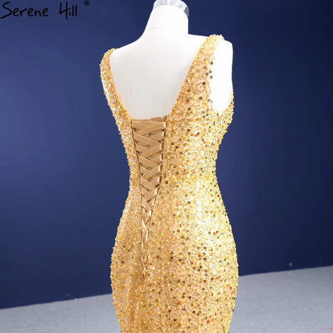 Gold Mermaid Lace Up Evening Dresses Gowns 2025 Beaded Elegant Luxury For Women Party HM67290