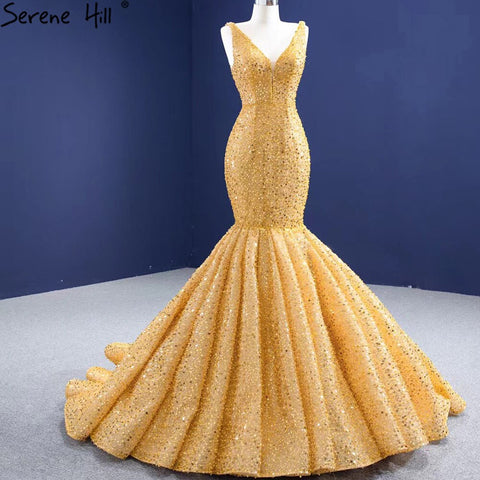 Gold Mermaid Lace Up Evening Dresses Gowns 2025 Beaded Elegant Luxury For Women Party HM67290
