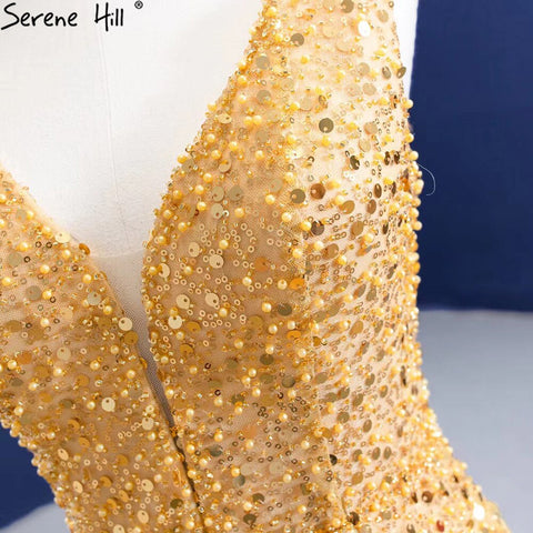 Gold Mermaid Lace Up Evening Dresses Gowns 2025 Beaded Elegant Luxury For Women Party HM67290