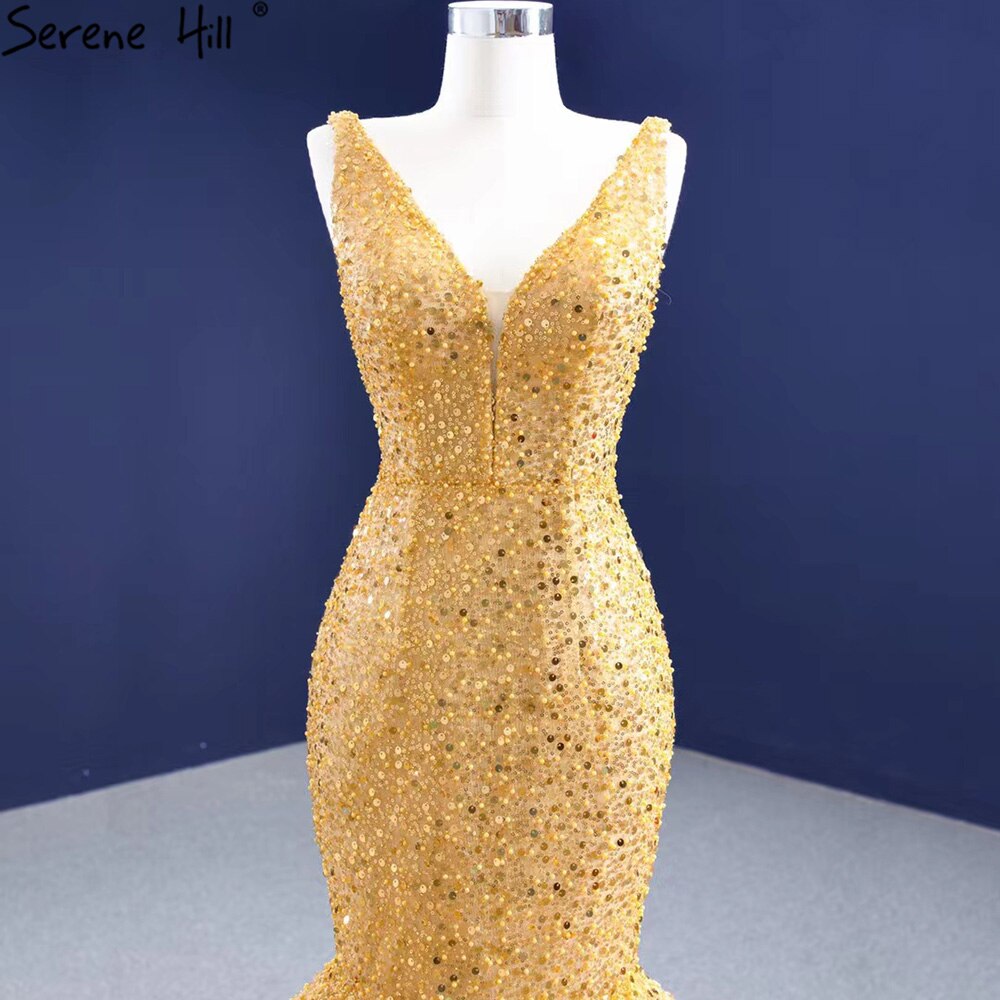 Gold Mermaid Lace Up Evening Dresses Gowns 2025 Beaded Elegant Luxury For Women Party HM67290