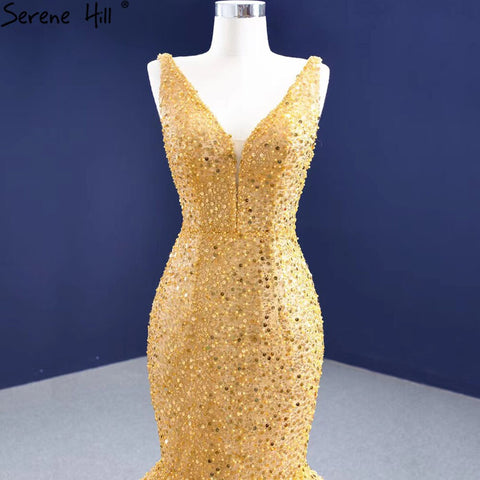 Gold Mermaid Lace Up Evening Dresses Gowns 2025 Beaded Elegant Luxury For Women Party HM67290