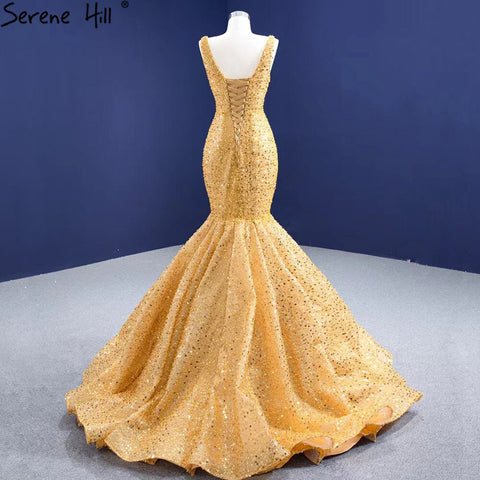 Gold Mermaid Lace Up Evening Dresses Gowns 2025 Beaded Elegant Luxury For Women Party HM67290