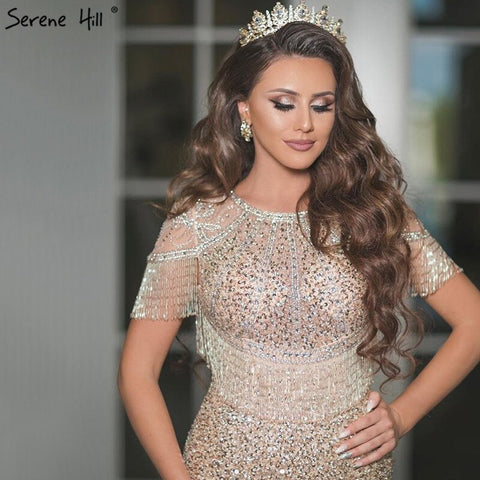 Gold Mermaid Luxury Evening Dresses Gowns 2025 Beading Tassel Elegant For Women Wedding Party LA70051