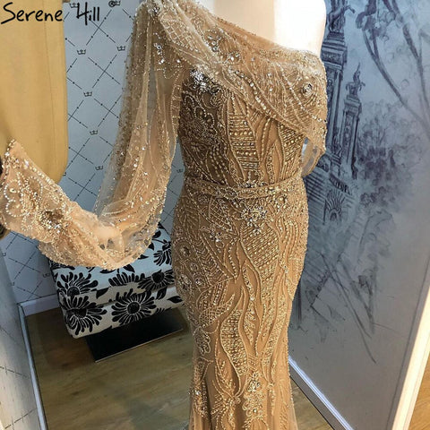 Gold Mermaid Luxury Evening Dresses Gowns 2025 Elegant Beaded One Shoulder For Women Party LA71218
