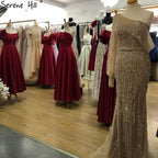 Gold Mermaid Luxury Evening Dresses Gowns 2025 Elegant Beaded One Shoulder For Women Party LA71218