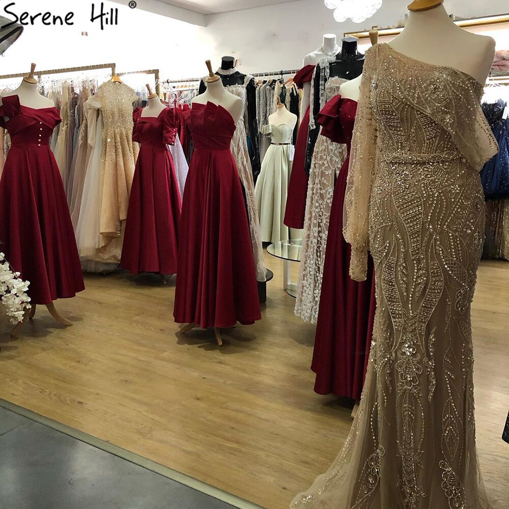 Gold Mermaid Luxury Evening Dresses Gowns 2025 Elegant Beaded One Shoulder For Women Party LA71218