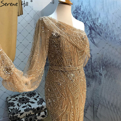 Gold Mermaid Luxury Evening Dresses Gowns 2025 Elegant Beaded One Shoulder For Women Party LA71218