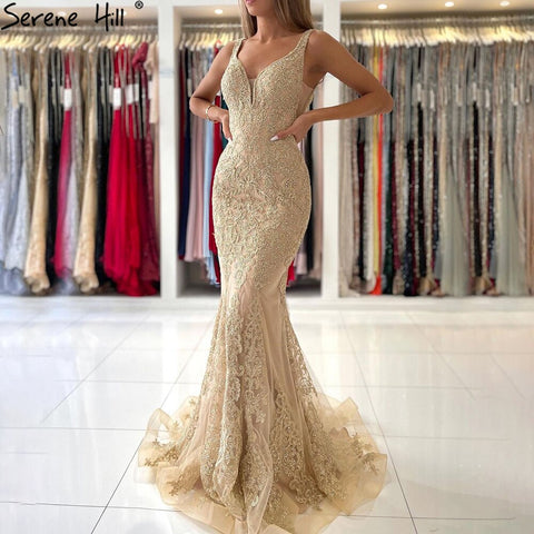 Gold Mermaid Luxury Evening Dressese Gowns 2025 Lace Beaded Elegant For Women Party LA71348